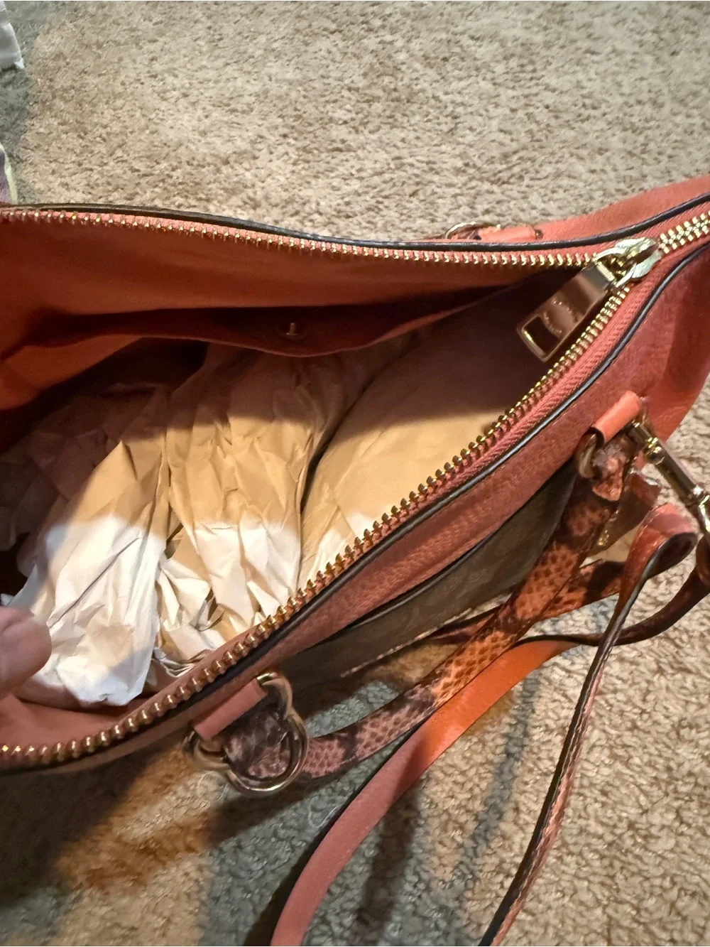 Coach Orange Pebbled Leather Tote with Signature Canvas Pocket